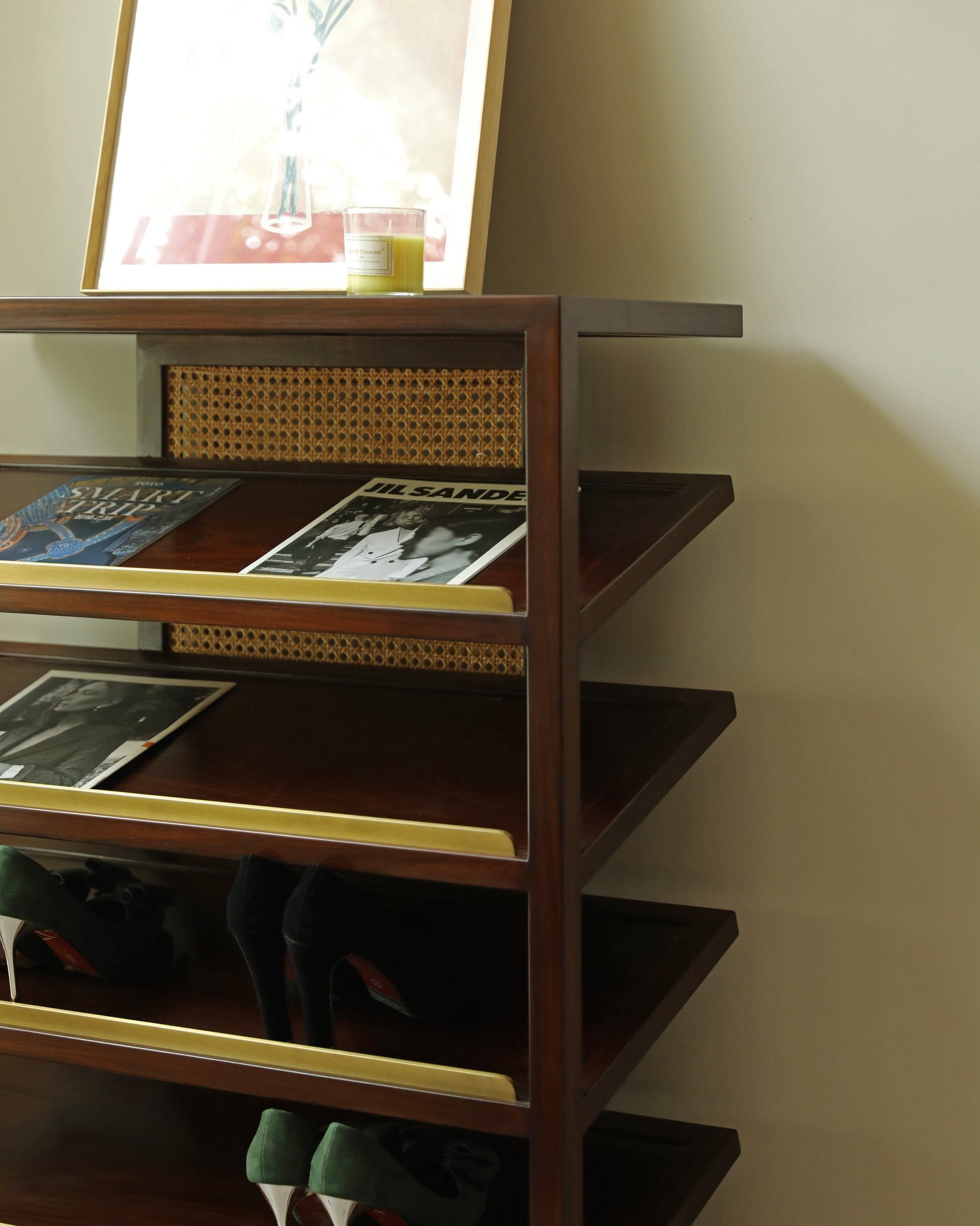 Handcrafted hardwood Artisan Wooden Shoe Rack with Rattan Accents, book rack, magzine rack - SOHOO