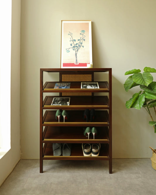 Handcrafted hardwood Artisan Wooden Shoe Rack with Rattan Accents, book rack, magzine rack - SOHOO
