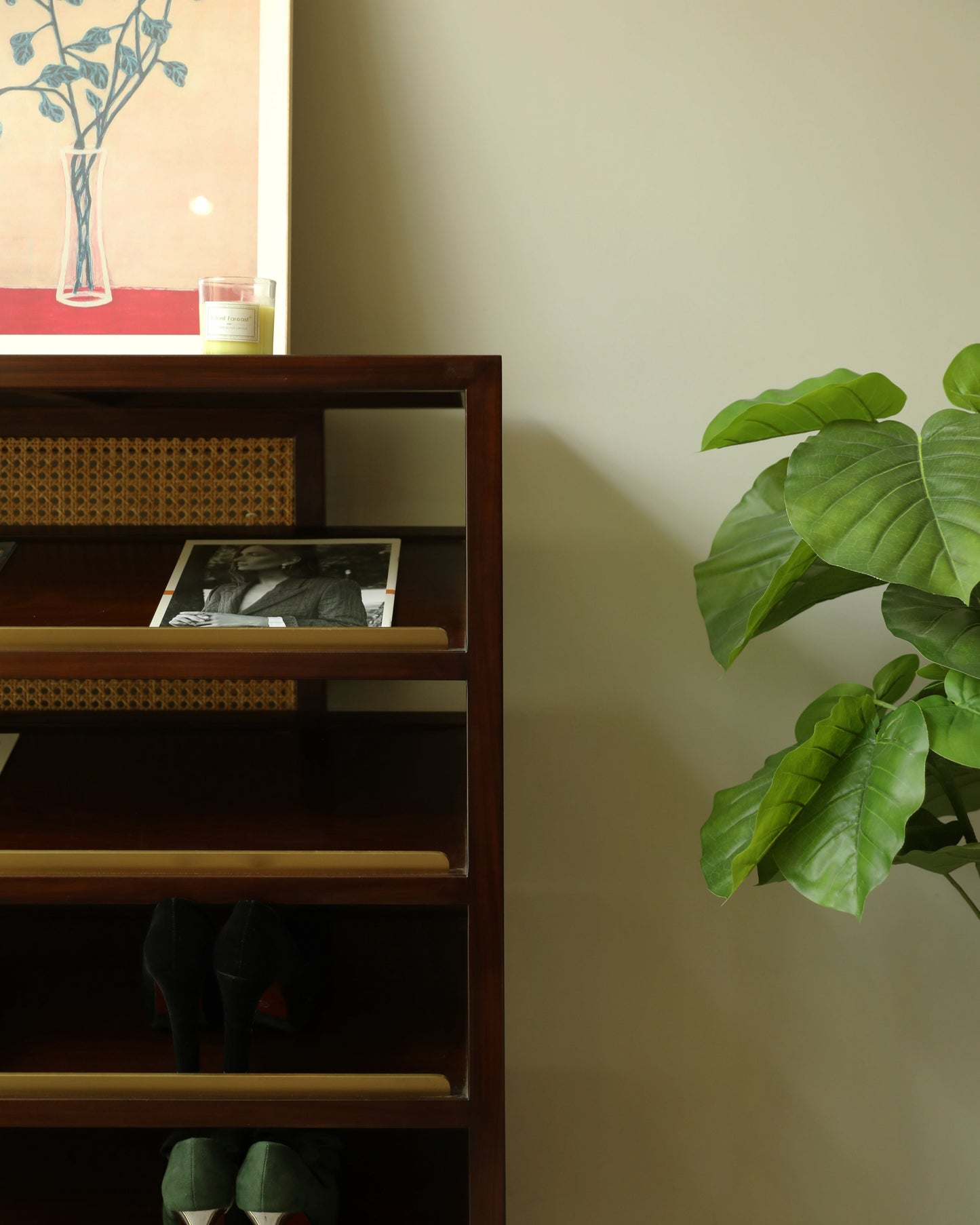 Handcrafted hardwood Artisan Wooden Shoe Rack with Rattan Accents, book rack, magzine rack - SOHOO