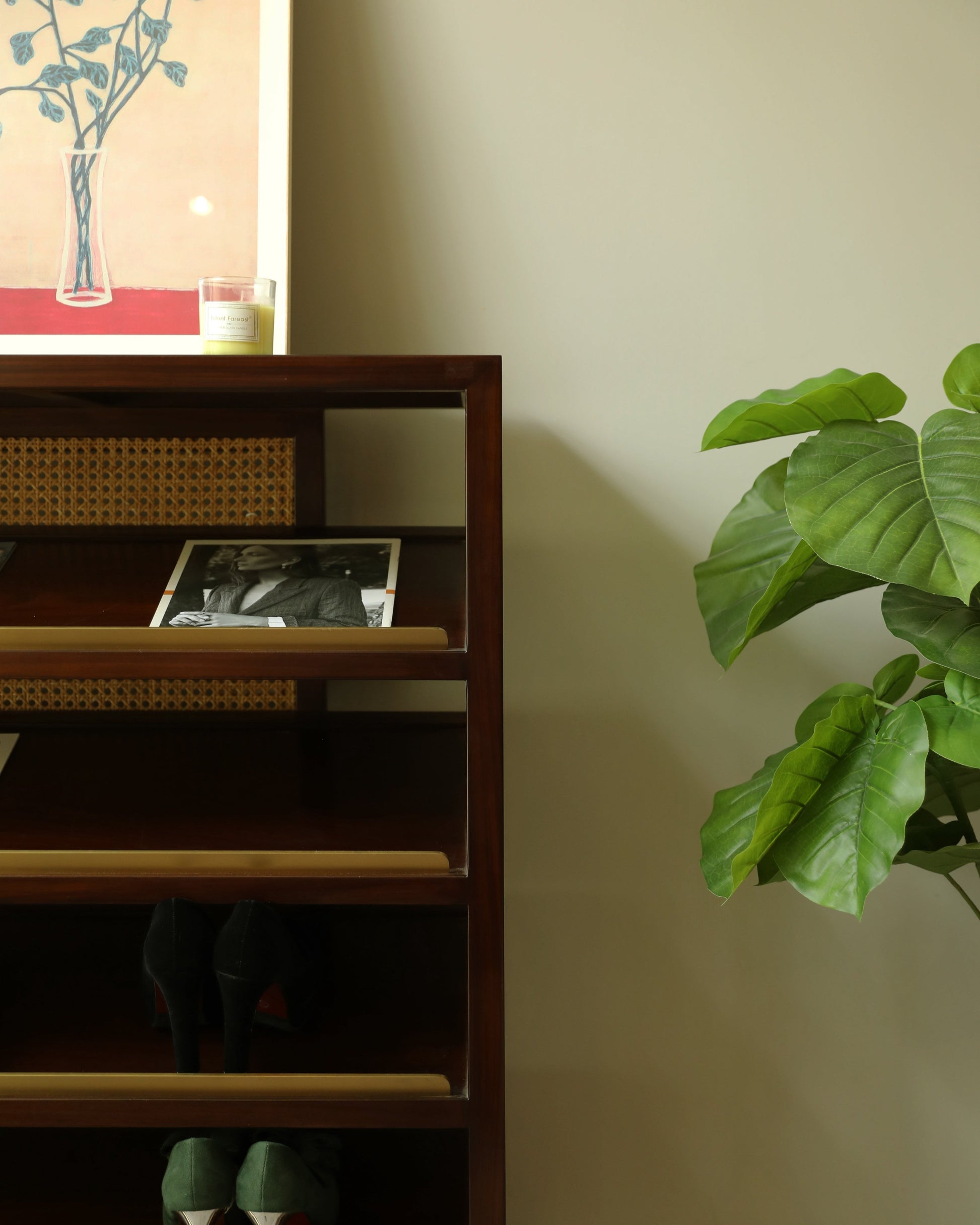 Handcrafted hardwood Artisan Wooden Shoe Rack with Rattan Accents, book rack, magzine rack - SOHOO