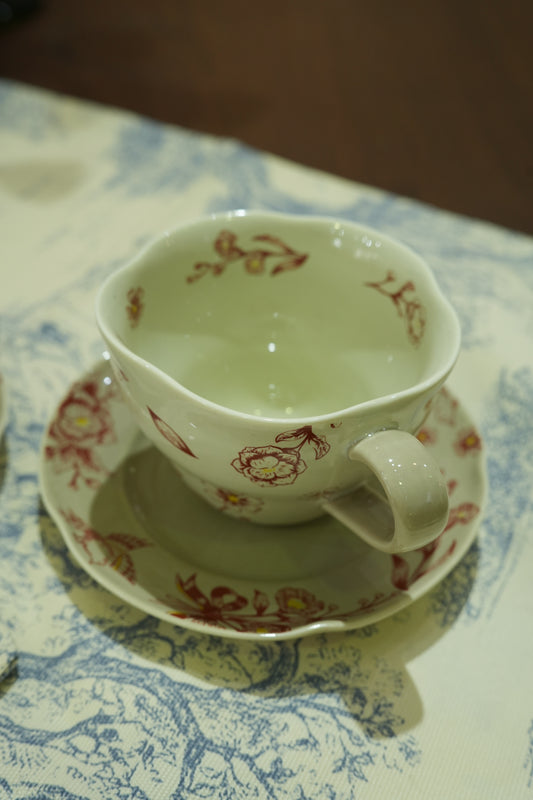 Hand-Painted Ceramic Teacup and Saucer Set – Timeless Floral Elegance - SOHOO