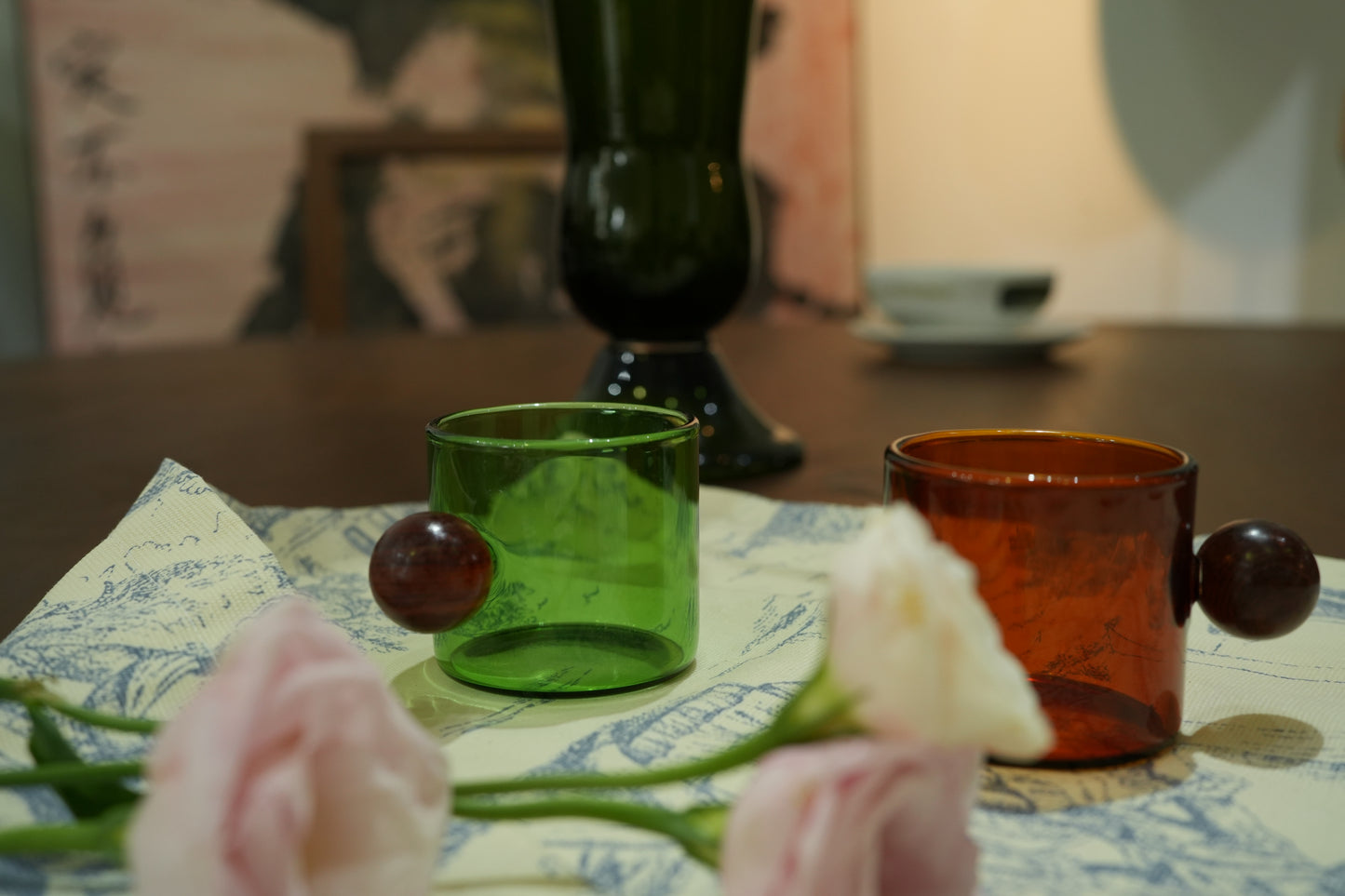Vintage Glass Cups with Wooden Ball Handle – Artistic Tea & Coffee Mugs