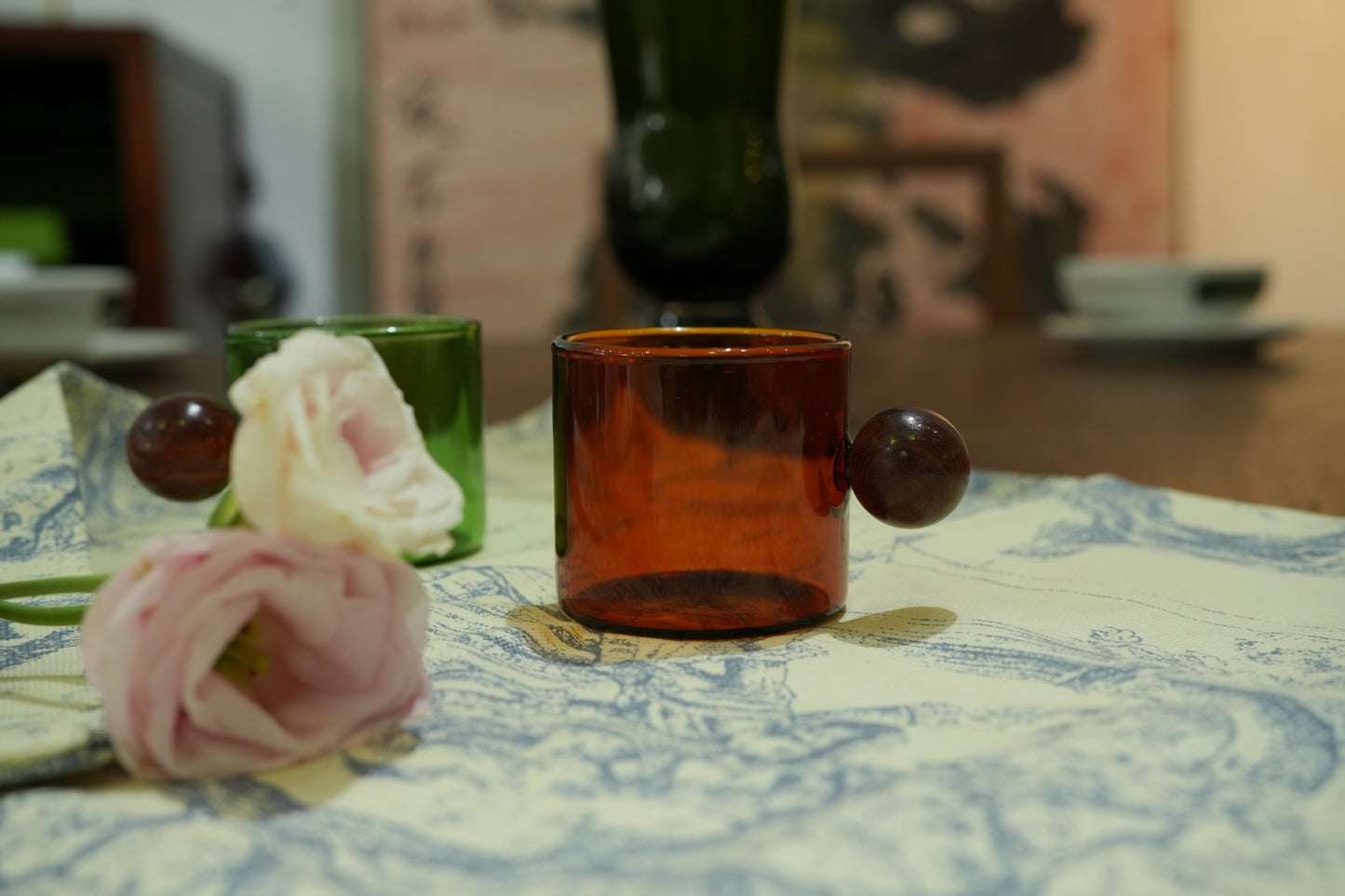 Vintage Glass Cups with Wooden Ball Handle – Artistic Tea & Coffee Mugs