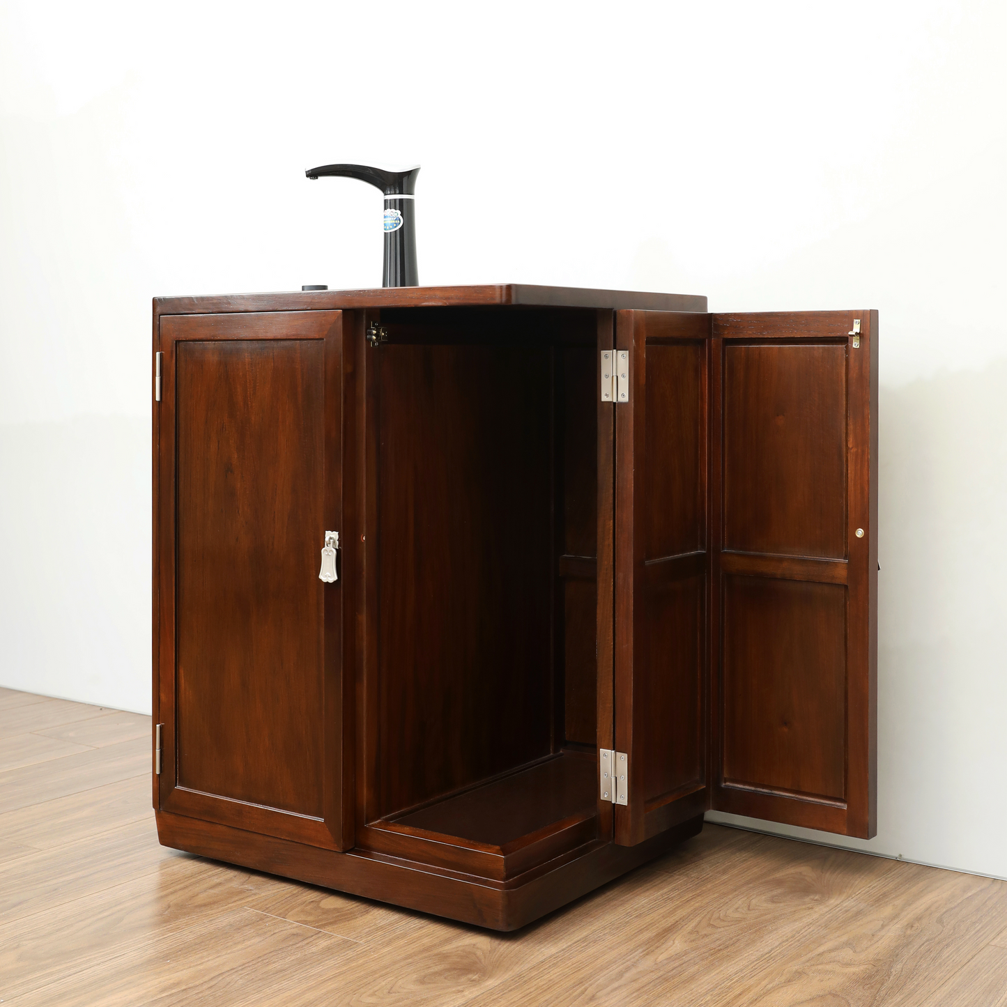 Handcrafted Classic Solid Wood Movable Tea Cart with Built-in Tea Set – Elegant Storage & Brewing Station