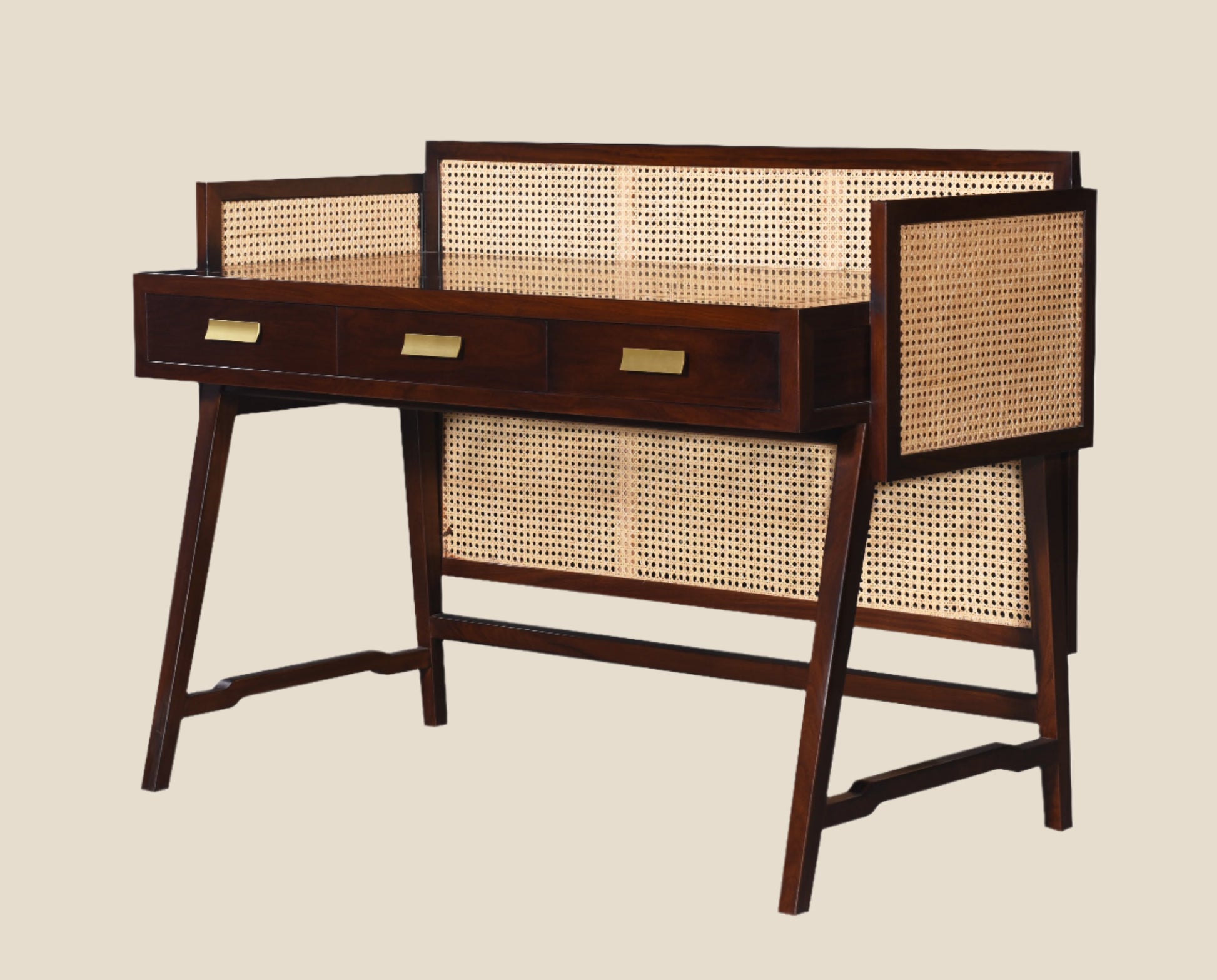 Handcrafted hardwood Cane-Woven Writing Desk – Mid-Century Elegance for Your Home Office - SOHOO 