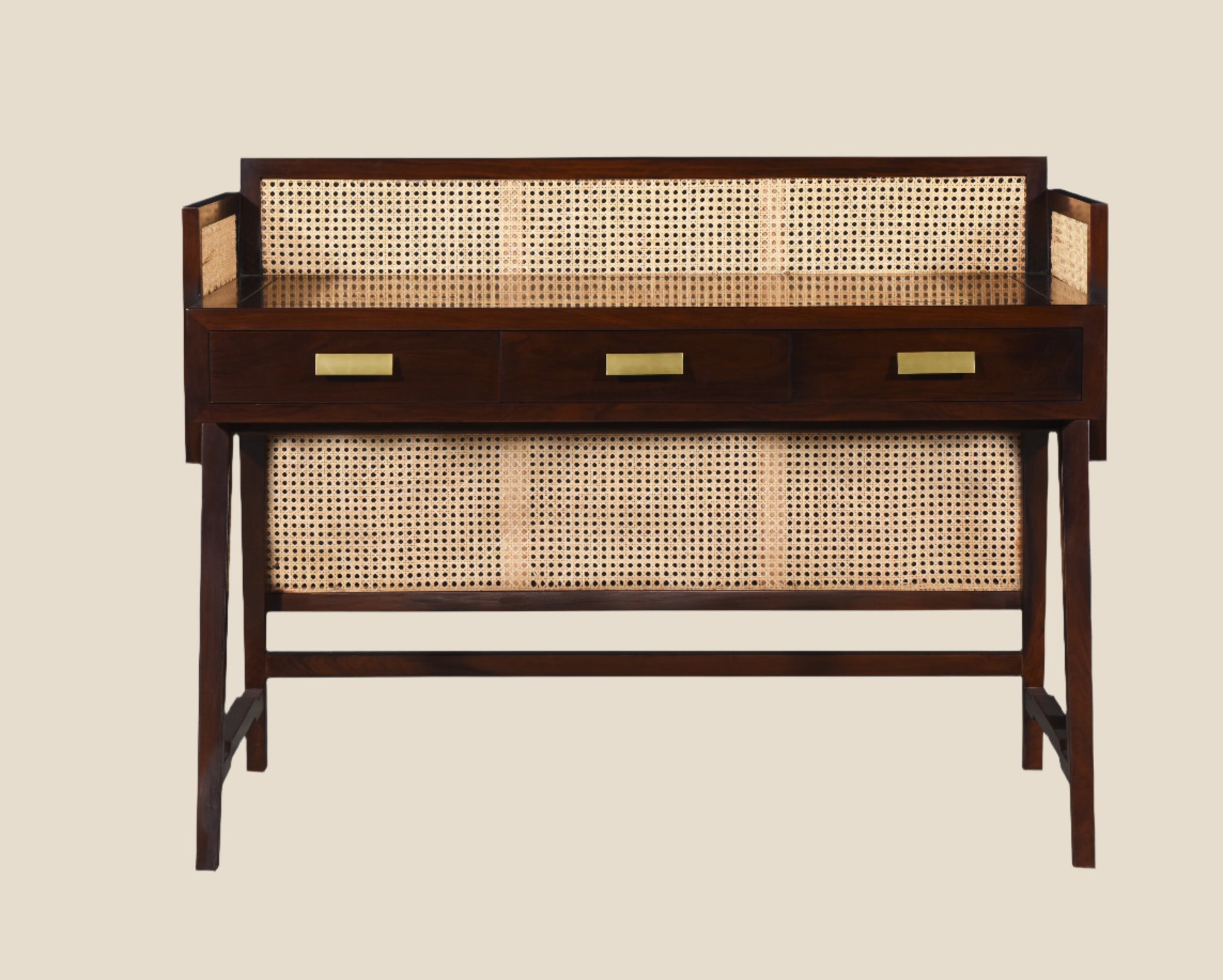 Handcrafted hardwood Cane-Woven Writing Desk – Mid-Century Elegance for Your Home Office - SOHOO 
