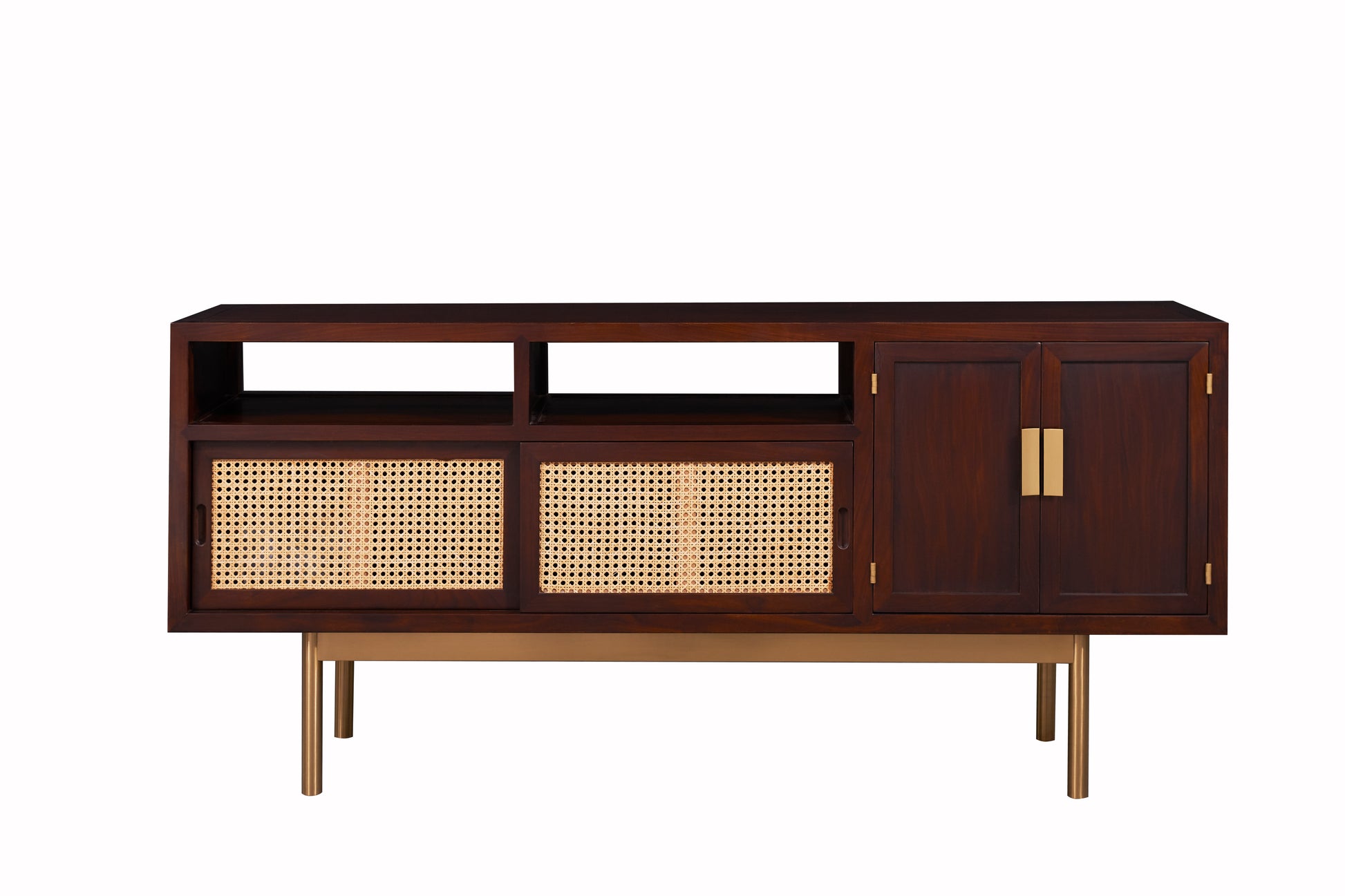 Modern Rattan Sliding Door Cabinet – Solid Wood Sideboard with Brass Accents - SOHOO 
