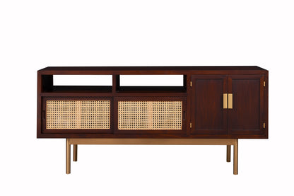 Modern Rattan Sliding Door Cabinet – Solid Wood Sideboard with Brass Accents - SOHOO 