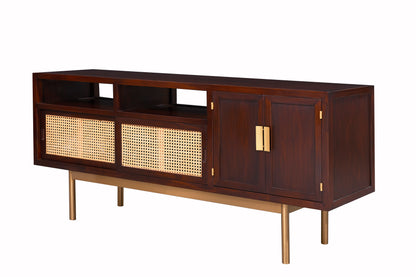 Modern Rattan Sliding Door Cabinet – Solid Wood Sideboard with Brass Accents - SOHOO 