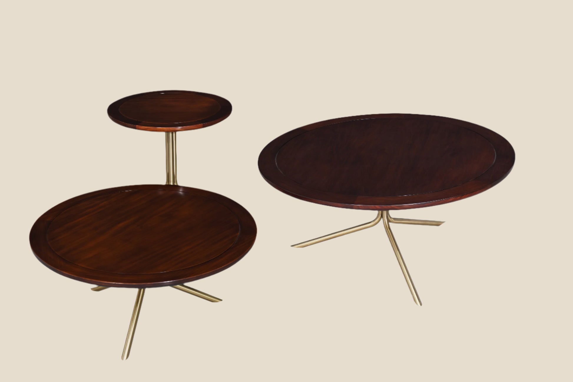 Handcrafted hardwood Modern Round Coffee Table Set with Brass Base, side table - SOHOO 