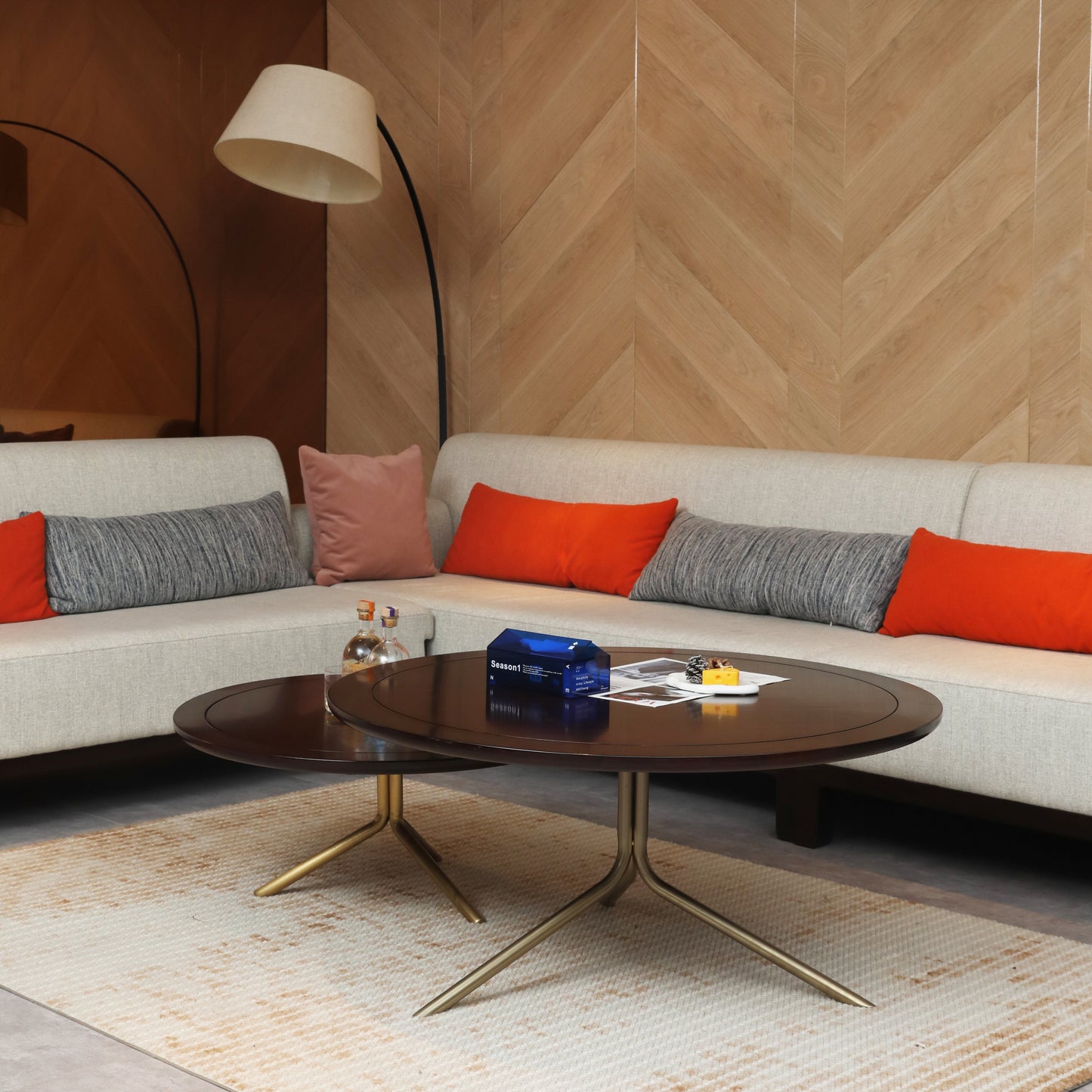 Handcrafted hardwood Modern Round Coffee Table Set with Brass Base, side table - SOHOO 