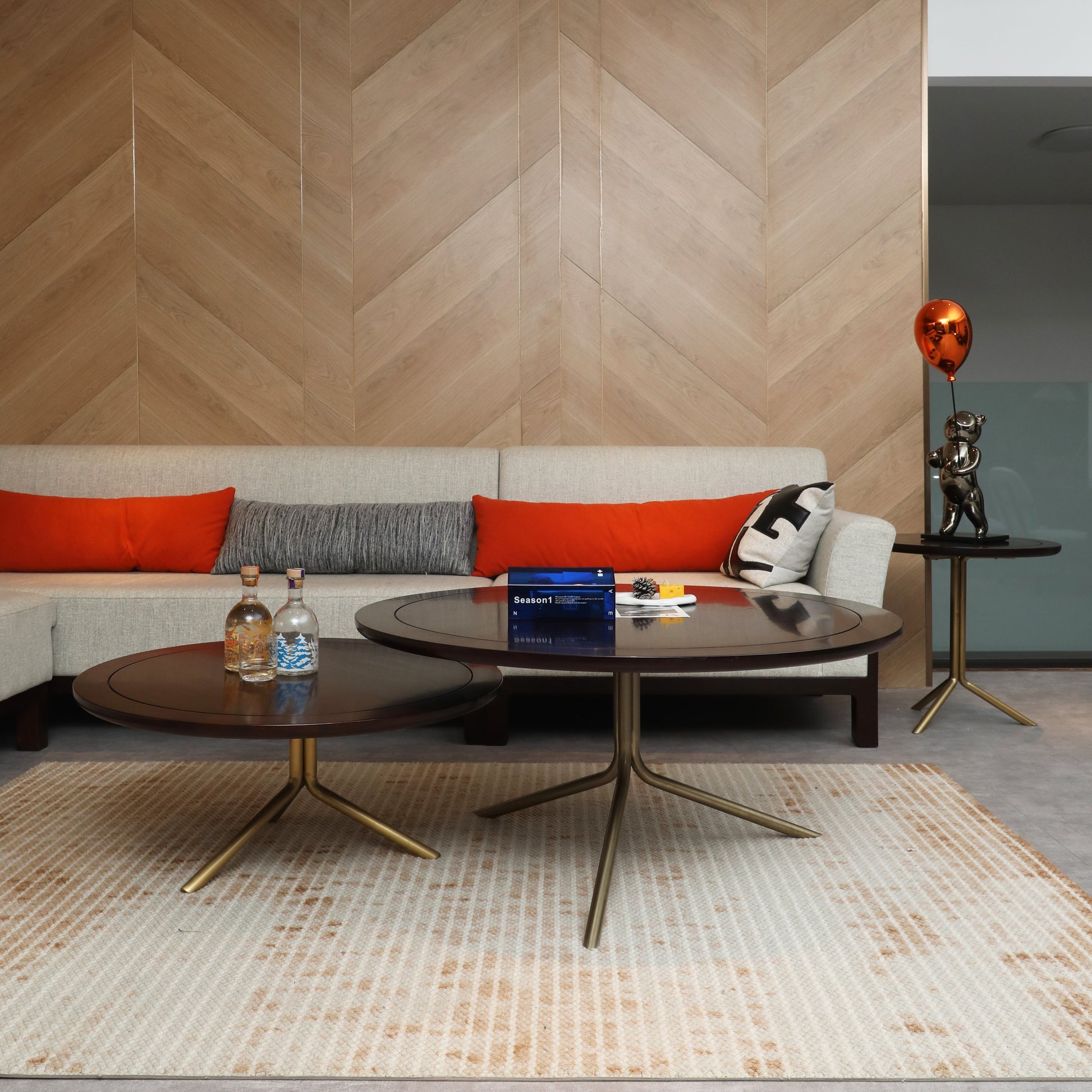 Handcrafted hardwood Modern Round Coffee Table Set with Brass Base, side table - SOHOO 