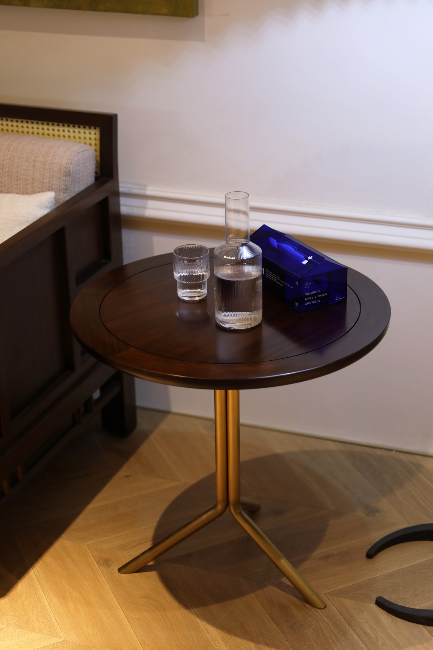 Handcrafted hardwood Modern Round Coffee Table Set with Brass Base, side table - SOHOO 