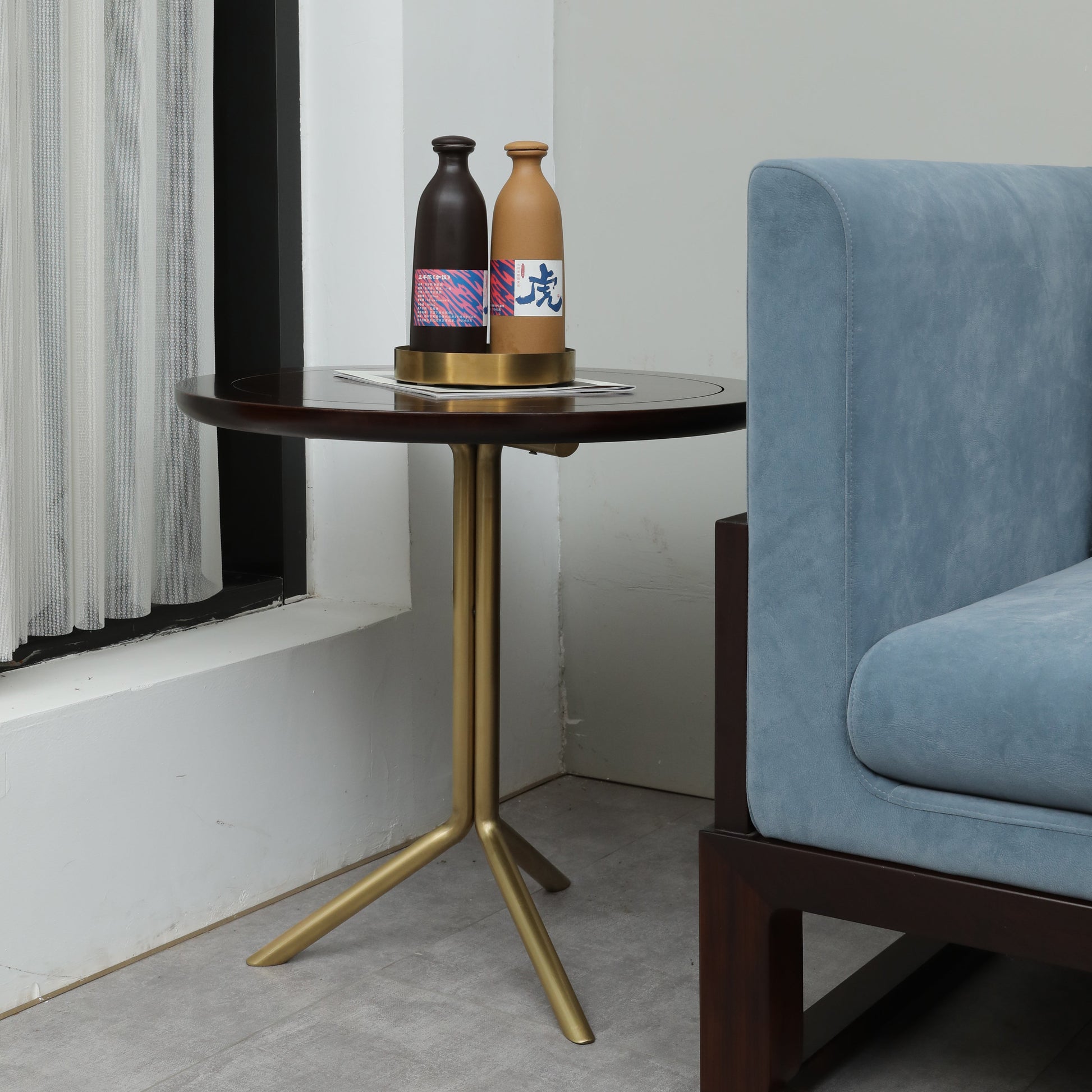 Handcrafted hardwood Modern Round Coffee Table Set with Brass Base, side table - SOHOO 